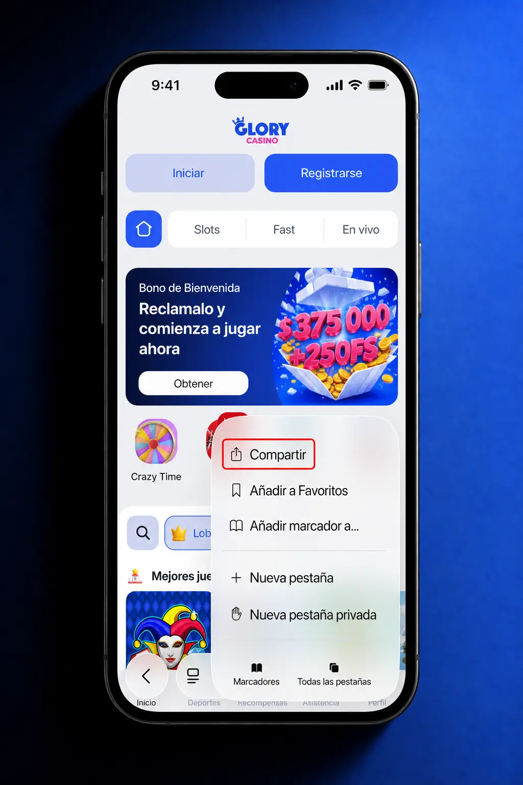 Pasos para descargar e instalar la app de Glory Casino en iOS desde Safari en cuatro sencillos pasos